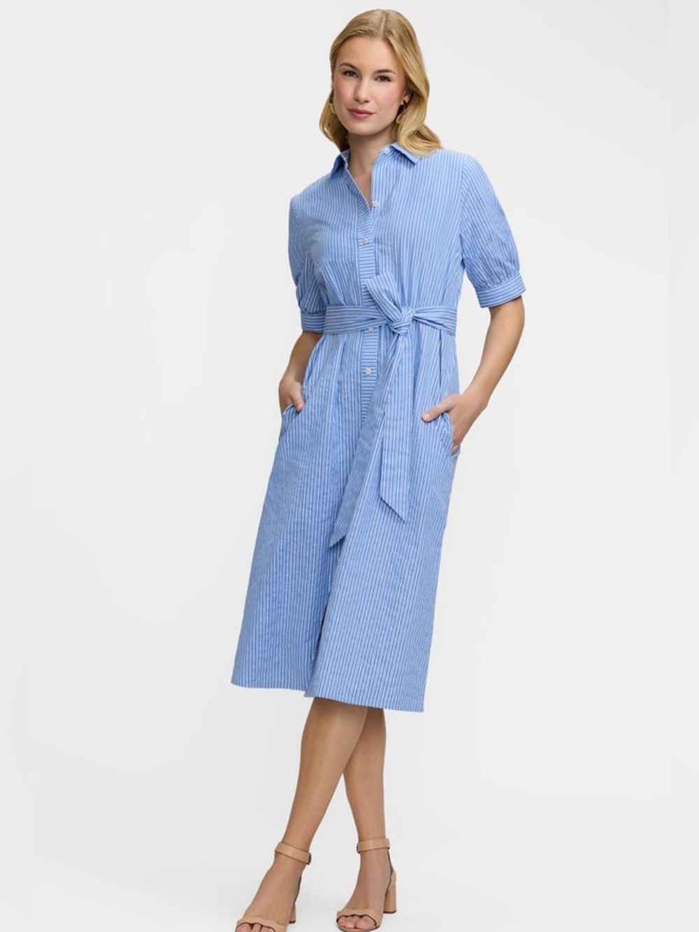 Foxcroft NWOT Esther Blue Seersucker Elbow Sleeve Dress (No Belt) Sz LP